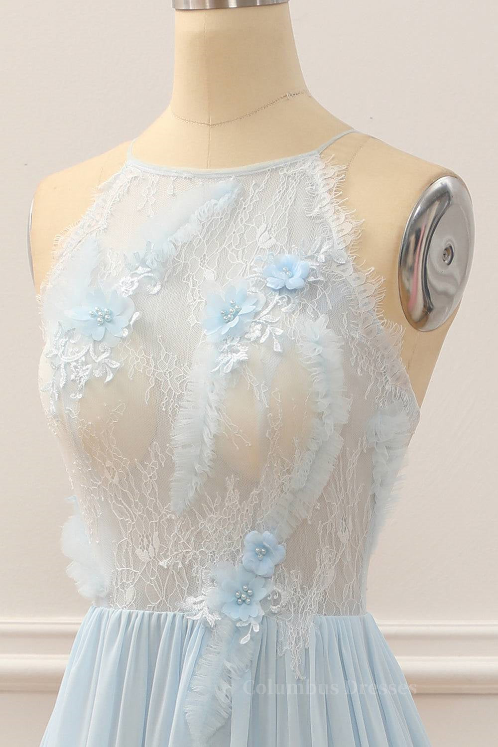 Bridesmaid Dressing Gowns, Sky Blue A-line Bateau Tulle 3D Applique Long Prom Dress
