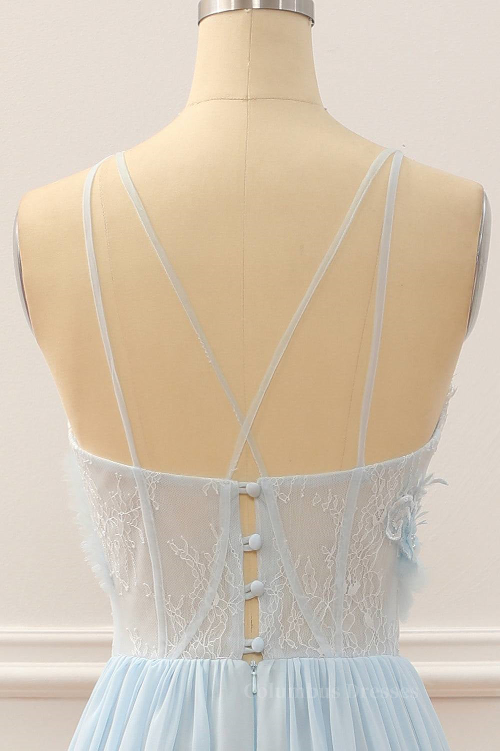 Bridesmaids Dressing Gowns, Sky Blue A-line Bateau Tulle 3D Applique Long Prom Dress