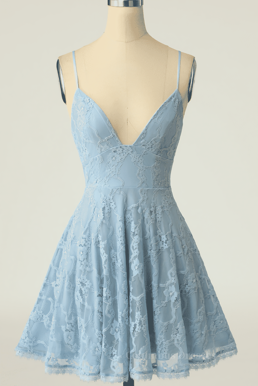 Party Dress Website, Sky Blue A-line V Neck Lace-Up Back Lace Mini Homecoming Dress