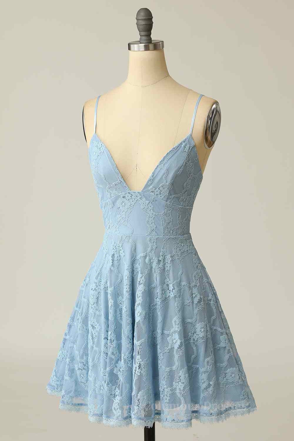 Sky Blue A-line V Neck Lace-Up Back Lace Mini Homecoming Dress Secondary image