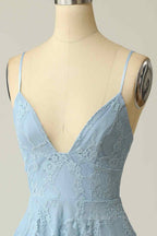Party Dress Brands, Sky Blue A-line V Neck Lace-Up Back Lace Mini Homecoming Dress