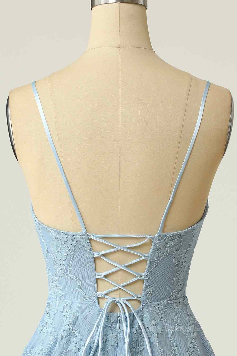 Party Dress Dress Code, Sky Blue A-line V Neck Lace-Up Back Lace Mini Homecoming Dress
