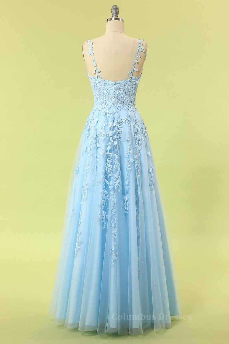 Sky Blue A-line V Neckline Applique Tulle Long Prom Dress Secondary image