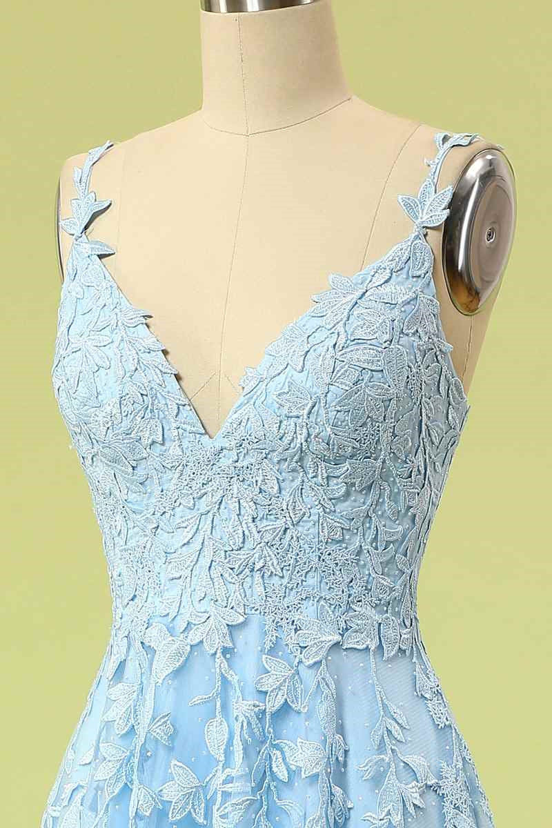Grad Dress, Sky Blue A-line V Neckline Applique Tulle Long Prom Dress Main image