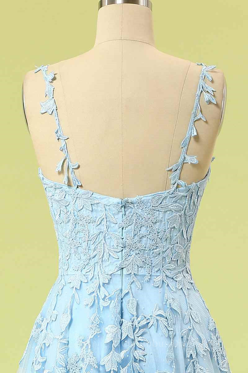 Beach Dress, Sky Blue A-line V Neckline Applique Tulle Long Prom Dress