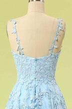 Beach Dress, Sky Blue A-line V Neckline Applique Tulle Long Prom Dress