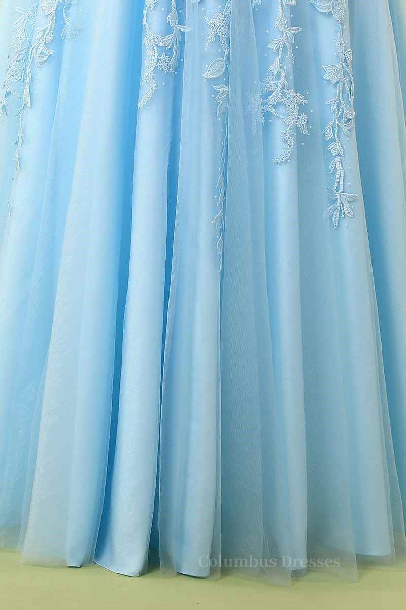 Bridesmaid Dresses Formal, Sky Blue A-line V Neckline Applique Tulle Long Prom Dress