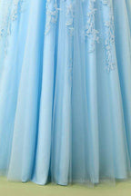 Bridesmaid Dresses Formal, Sky Blue A-line V Neckline Applique Tulle Long Prom Dress