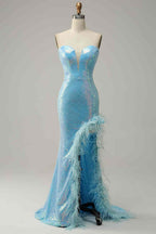 Pink Dress, Sky Blue Mermaid Strapless Sparkly Long Formal Dress