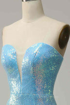 Red Prom Dress, Sky Blue Mermaid Strapless Sparkly Long Formal Dress