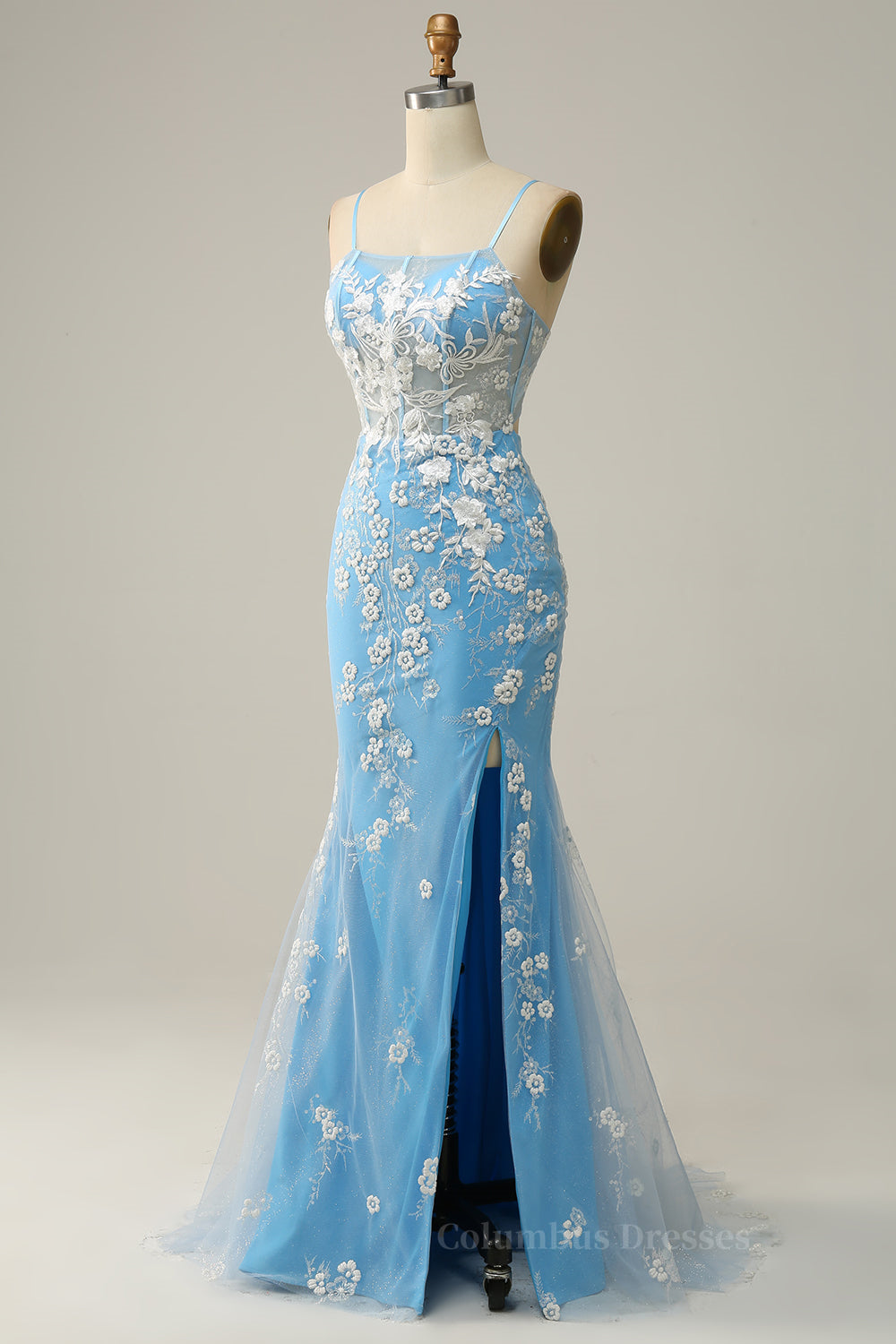 Sky Blue Straps Mermaid Appliques Cut-Out Long Prom Dress with Slit Secondary image