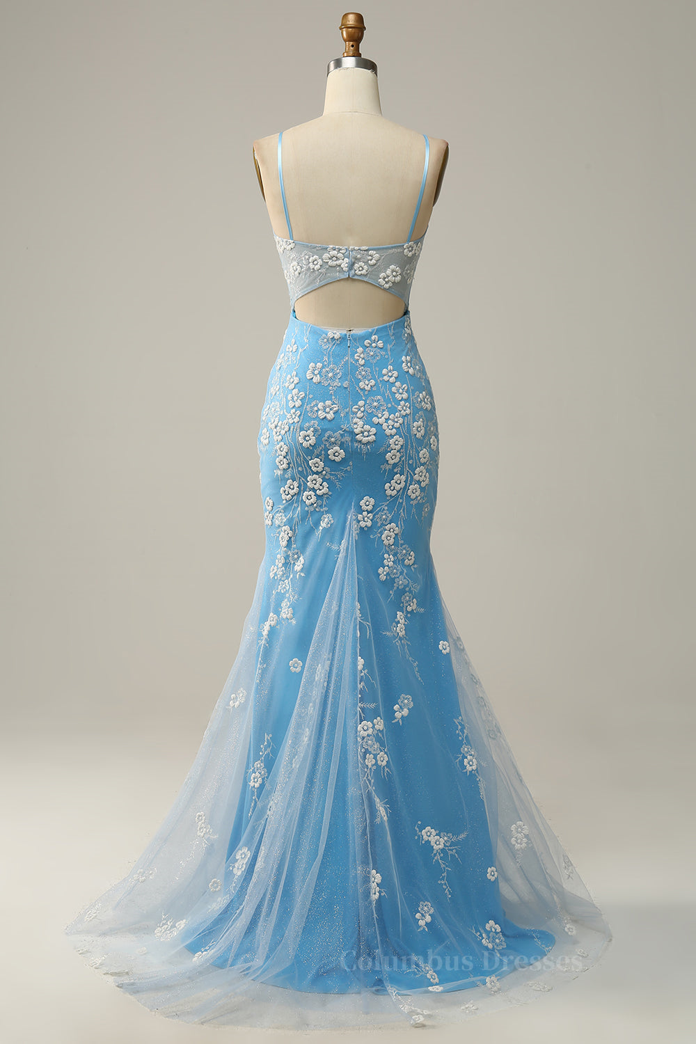 Bridesmaids Dresses Chiffon, Sky Blue Straps Mermaid Appliques Cut-Out Long Prom Dress with Slit Main image