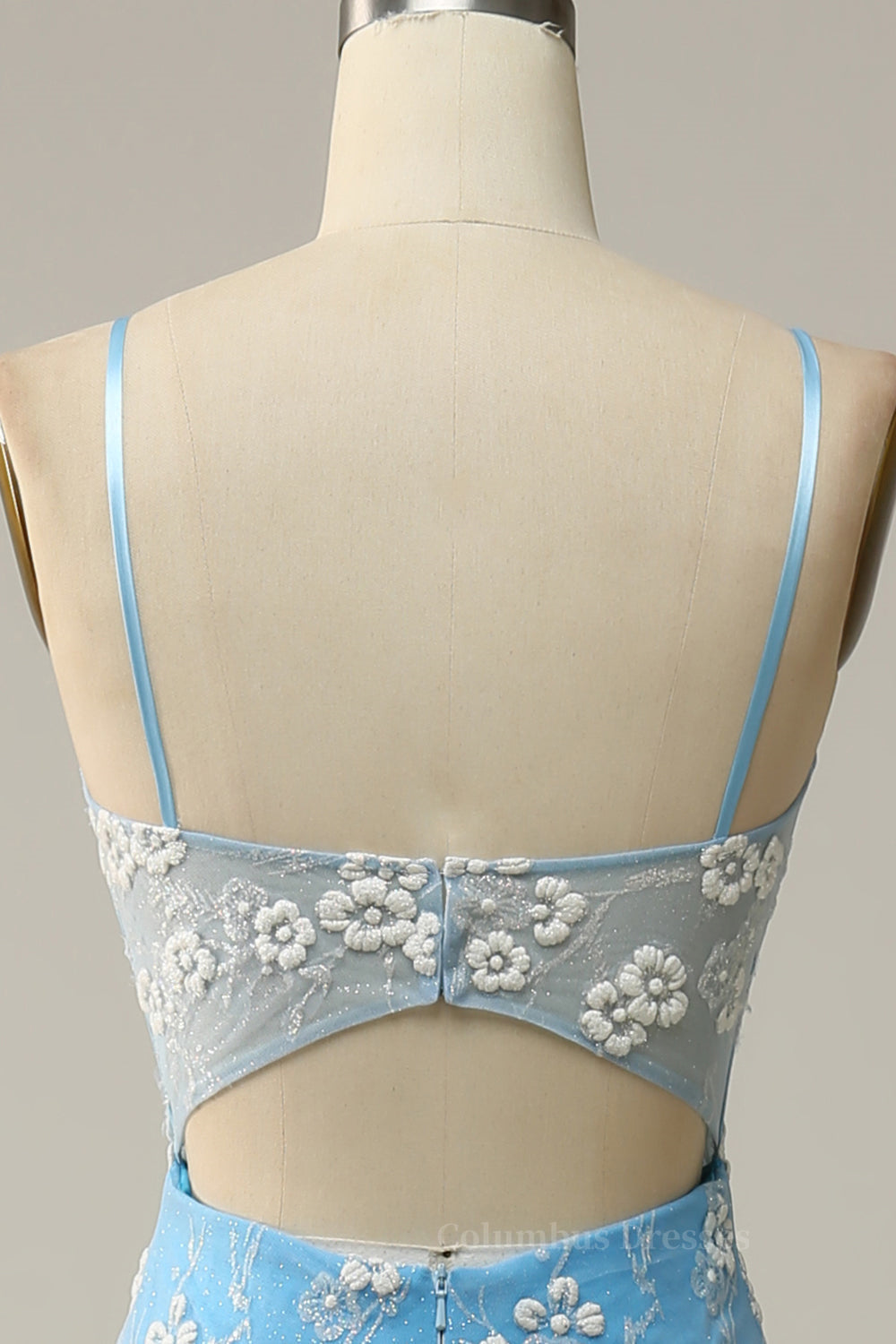 Bridesmaids Dress Red, Sky Blue Straps Mermaid Appliques Cut-Out Long Prom Dress with Slit