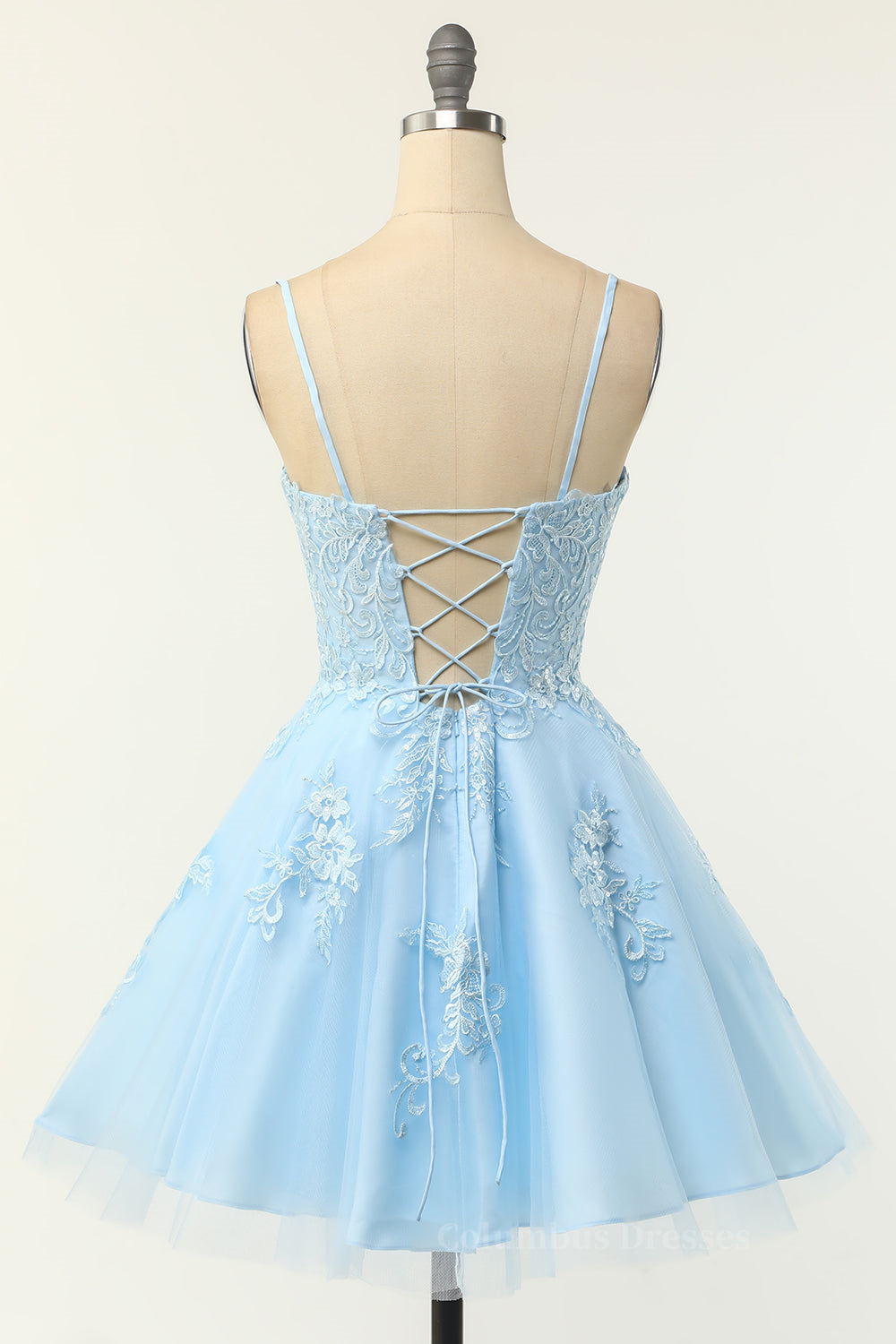 Prom Dresses Light Blue, Spaghetti Straps Blue A-line Appliques Short Homecoming Dress Main image