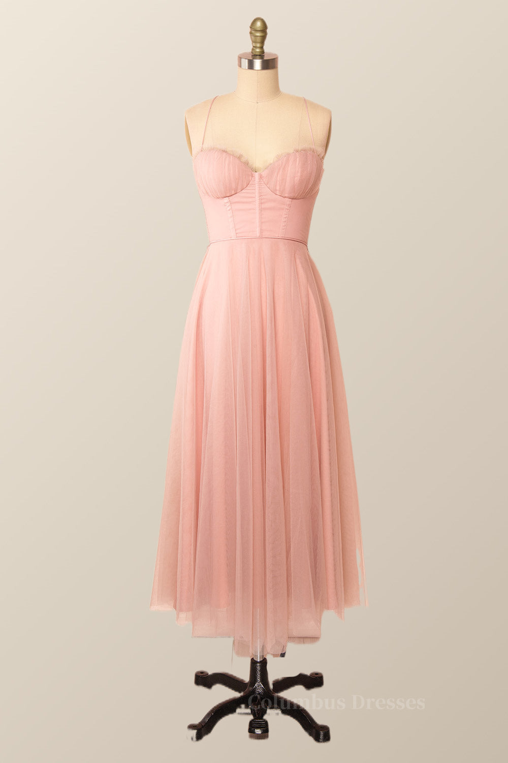 Cute Dress Outfit, Spaghetti Straps Blush Pink Tulle A-line Midi Dress
