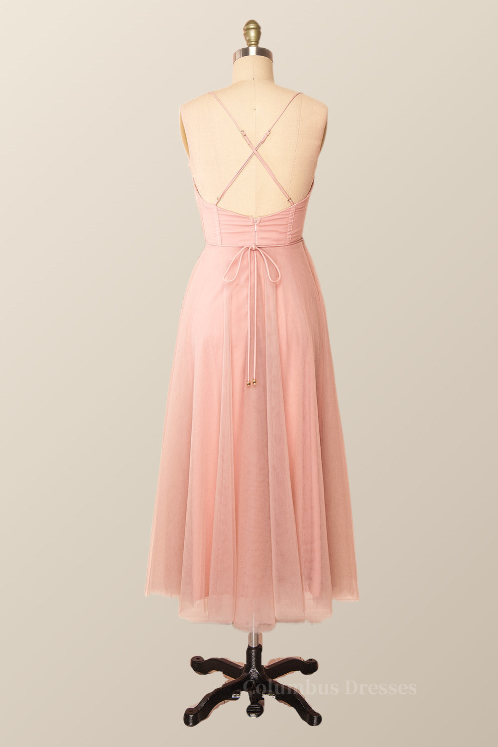 Club Dress, Spaghetti Straps Blush Pink Tulle A-line Midi Dress Main image