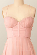 On Shoulder Dress, Spaghetti Straps Blush Pink Tulle A-line Midi Dress