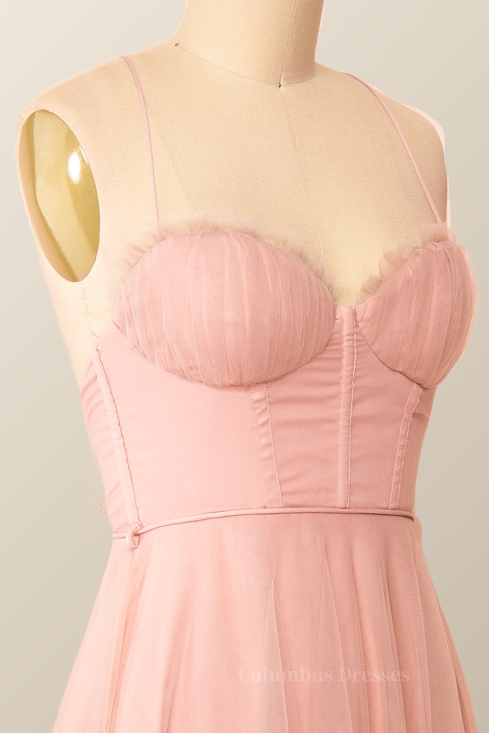 Prom Ideas, Spaghetti Straps Blush Pink Tulle A-line Midi Dress