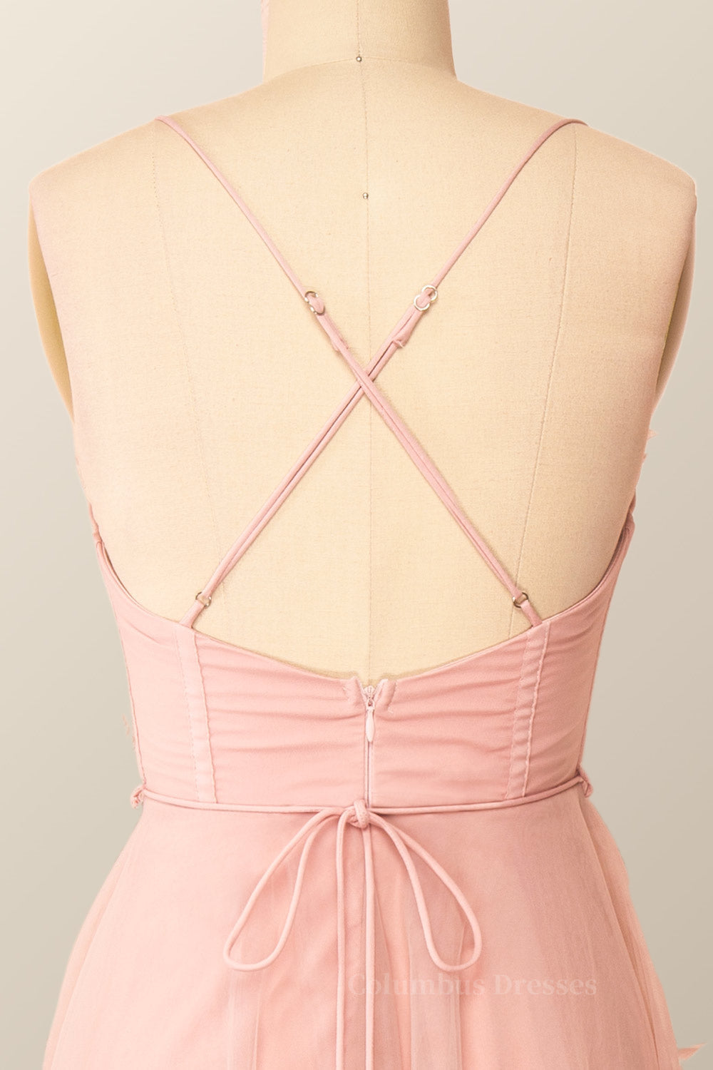 Cute Summer Dress, Spaghetti Straps Blush Pink Tulle A-line Midi Dress
