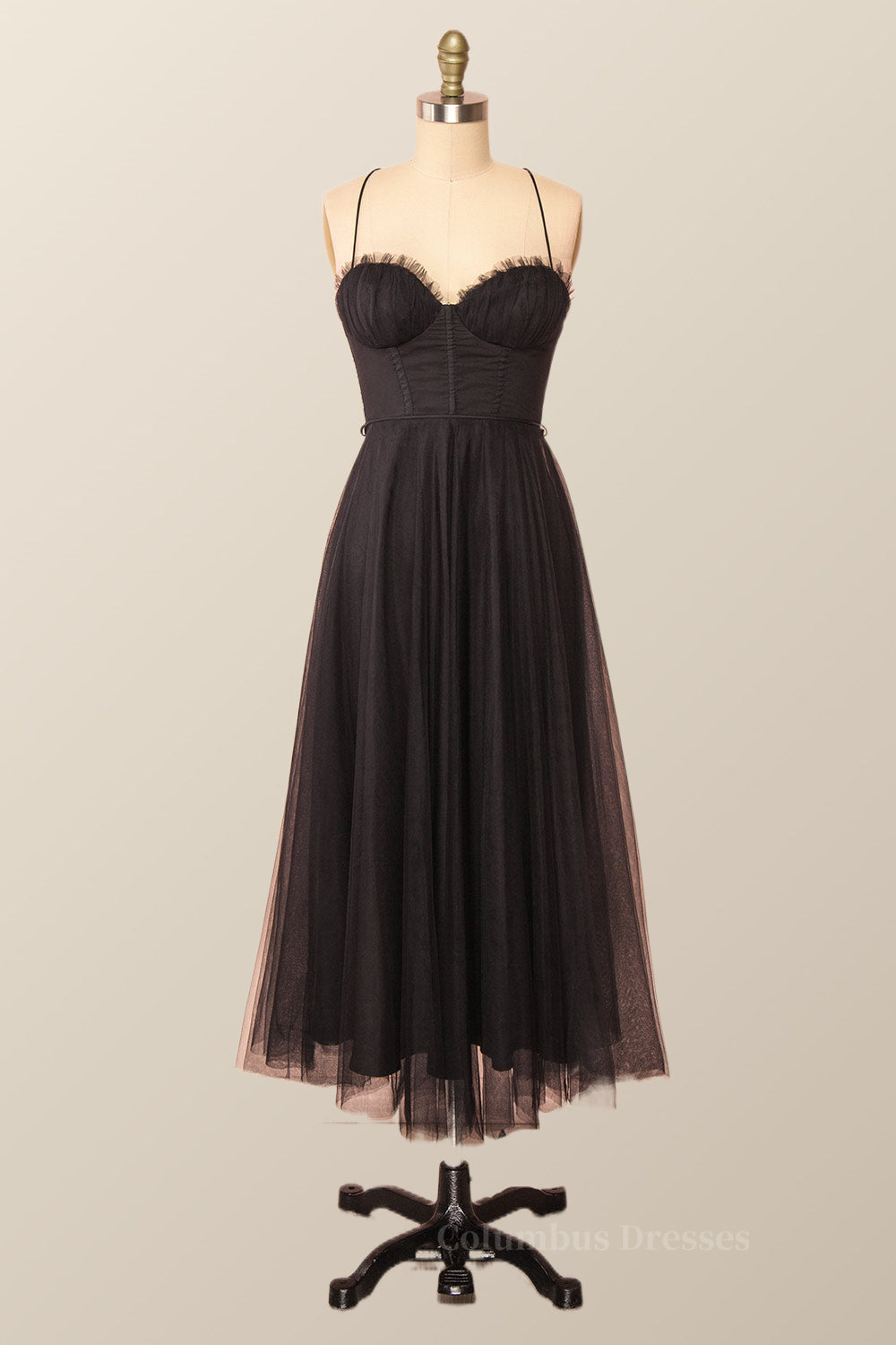 Homecoming, Spaghetti Straps Blush Pink Tulle A-line Midi Dress