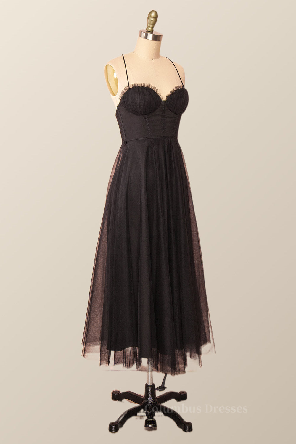 Formal Dress Short, Spaghetti Straps Blush Pink Tulle A-line Midi Dress