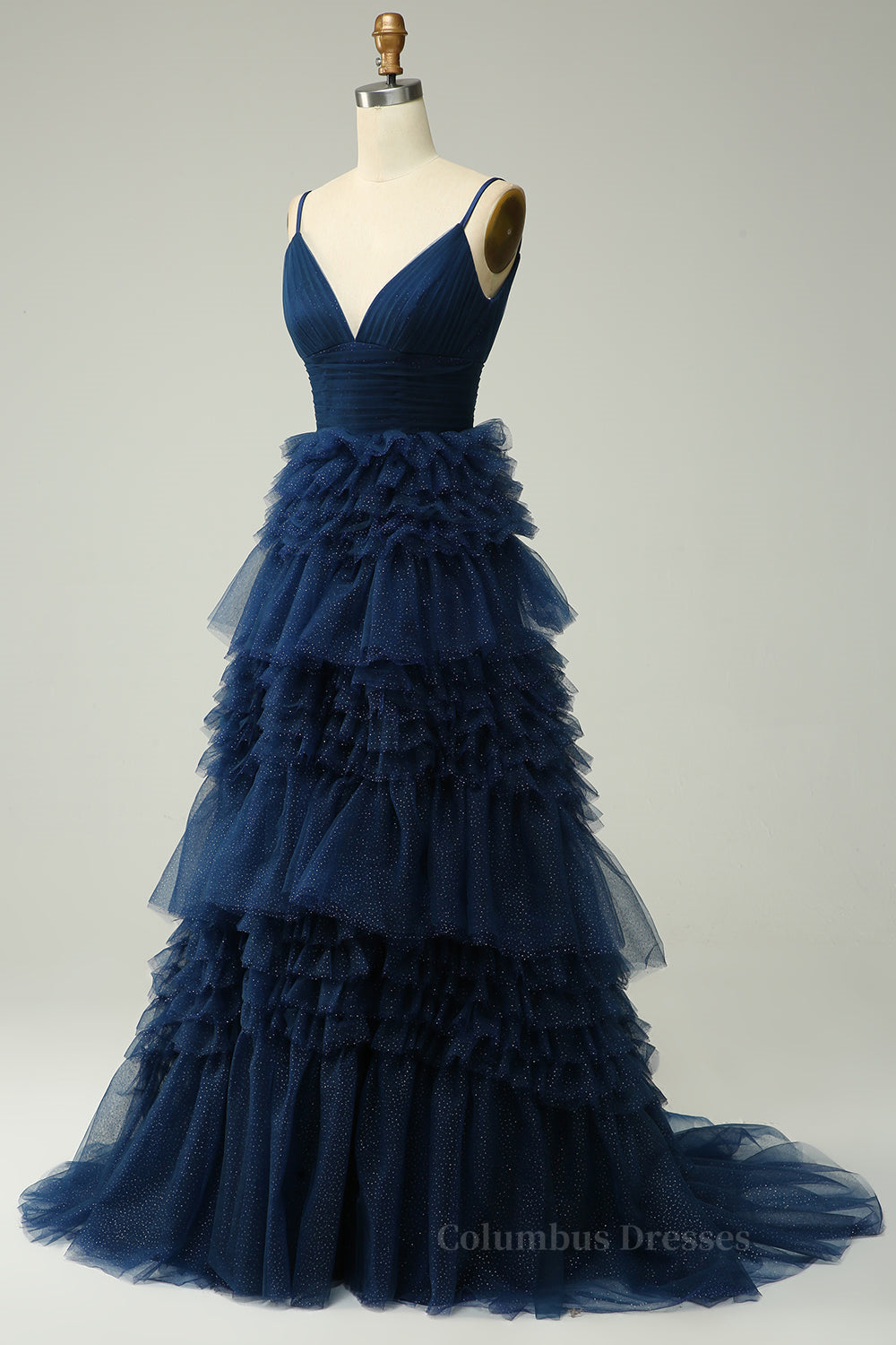Boho Wedding, Sparkly Dark Navy Plunging V Neck Multi-Layers Long Prom Dress