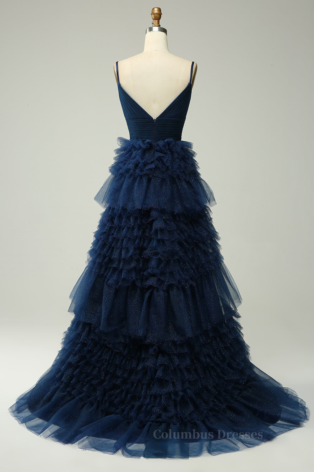 Bridesmaids Dress Peach, Sparkly Dark Navy Plunging V Neck Multi-Layers Long Prom Dress Main image