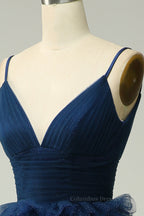 Bridesmaid Dress Peach, Sparkly Dark Navy Plunging V Neck Multi-Layers Long Prom Dress