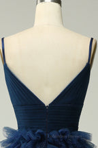 Bridesmaid Dress Strapless, Sparkly Dark Navy Plunging V Neck Multi-Layers Long Prom Dress