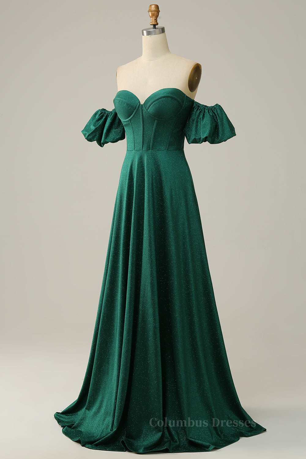 Sparkly Hunter Green Off-the-Shoulder Puff Sleeves A-line Long Prom Dress Secondary image