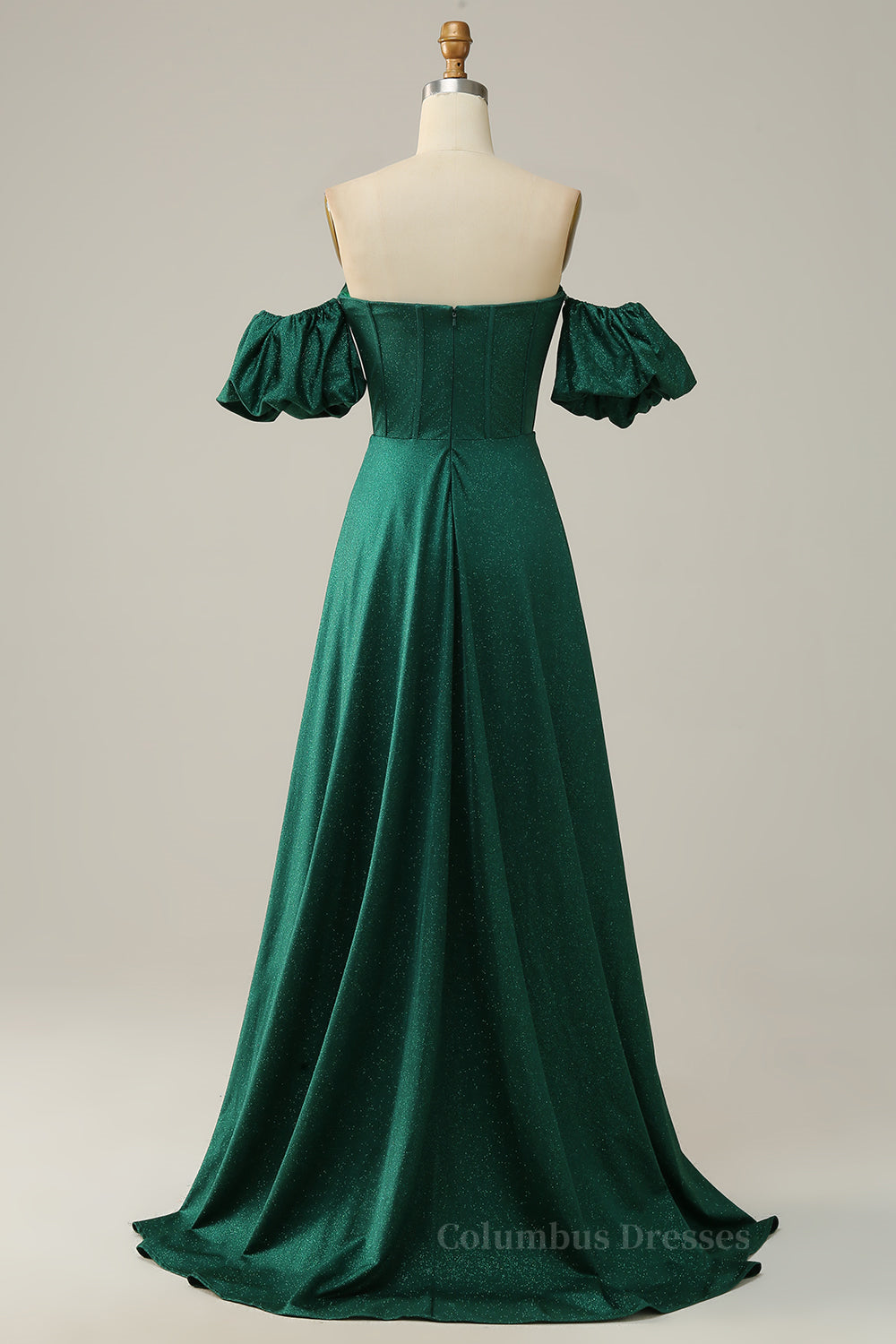 Bridesmaid Dresses Floral, Sparkly Hunter Green Off-the-Shoulder Puff Sleeves A-line Long Prom Dress Main image