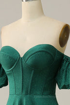 Winter Wedding, Sparkly Hunter Green Off-the-Shoulder Puff Sleeves A-line Long Prom Dress