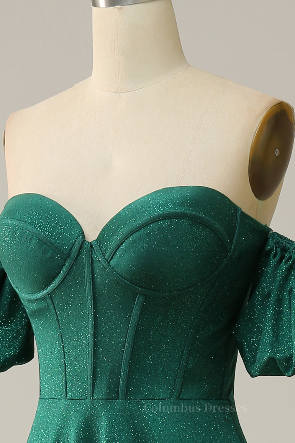 Winter Wedding, Sparkly Hunter Green Off-the-Shoulder Puff Sleeves A-line Long Prom Dress