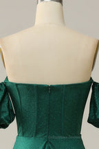 Wedding Color Schemes, Sparkly Hunter Green Off-the-Shoulder Puff Sleeves A-line Long Prom Dress