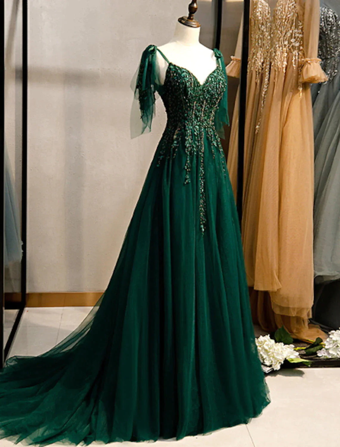 Prom Dresses Graduacion, A-Line Elegant Engagement Formal Evening Birthday Dress Spaghetti Strap Sleeveless Sweep / Brush Train Polyester with Beading Embroidery Main image
