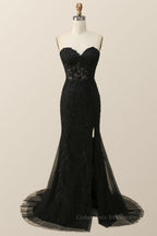 Homecoming Dresses Freshman, Strapless Black Lace Mermaid Long Prom Dress