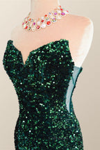 Bridesmaids Dress With Lace, Strapless Dark Green Velvet Sequin Mermaid Party Dress