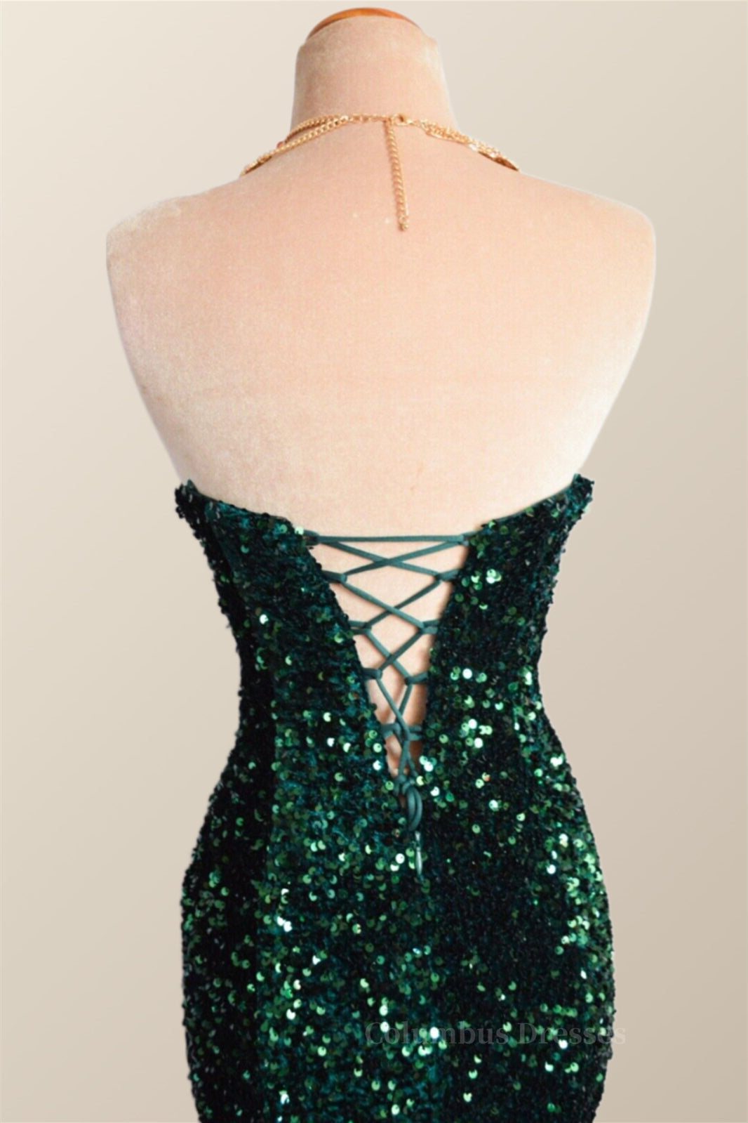 Bridesmaid Dress With Lace, Strapless Dark Green Velvet Sequin Mermaid Party Dress