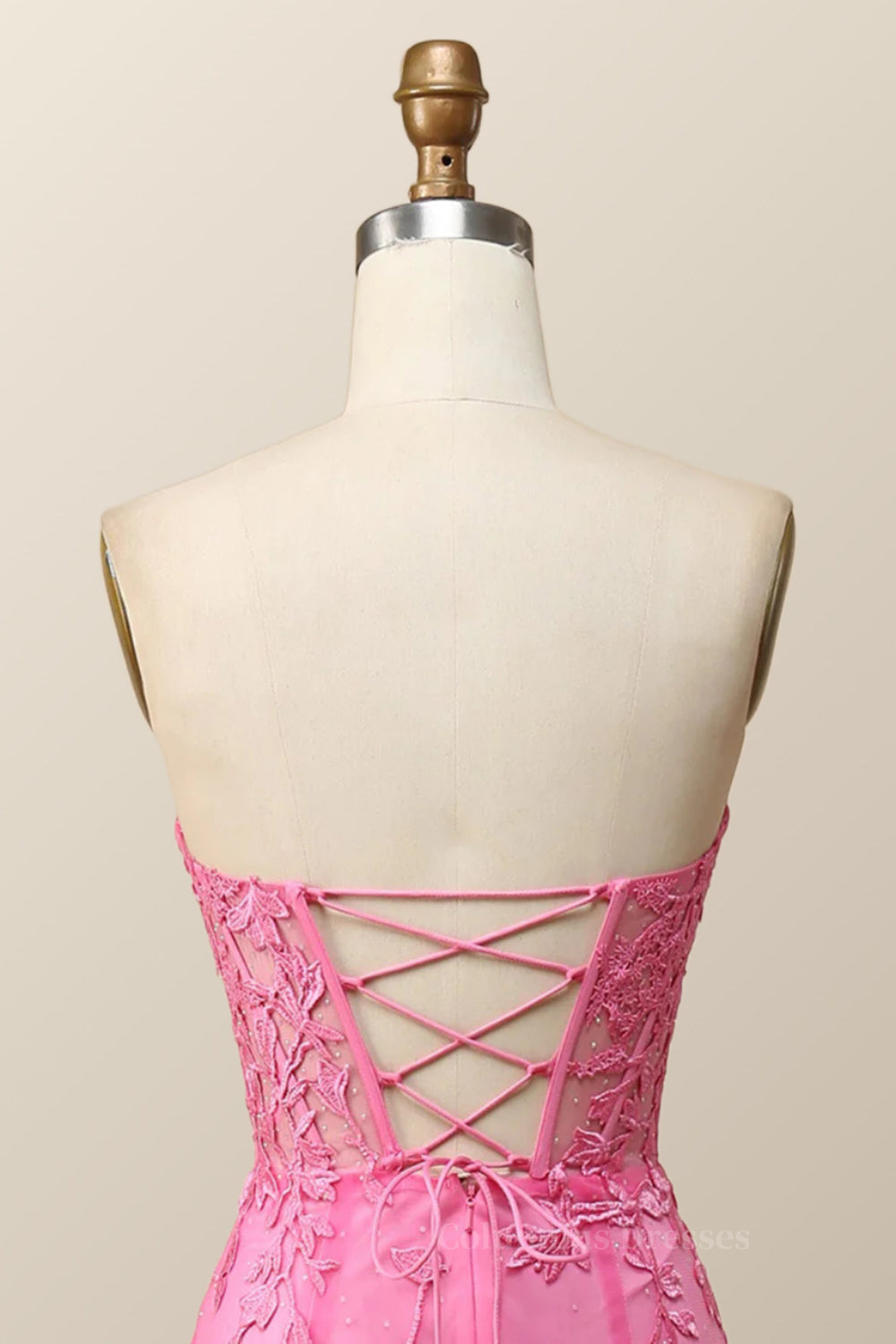 Homecoming Dresses Unique, Strapless Hot Pink Lace Mermaid Long Prom Dress