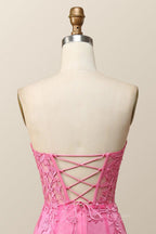Homecoming Dresses Unique, Strapless Hot Pink Lace Mermaid Long Prom Dress