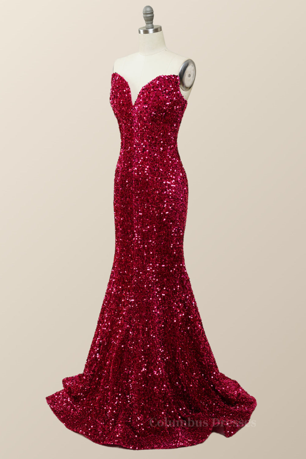 Strapless V Neck Fuchsia Sequin Mermaid Party Dress Secondary image