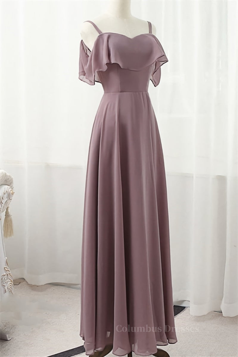 Classy Prom Dress, Straps Blush Pink Chiffon Long Bridesmaid Dress