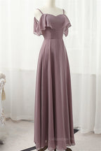 Classy Prom Dress, Straps Blush Pink Chiffon Long Bridesmaid Dress