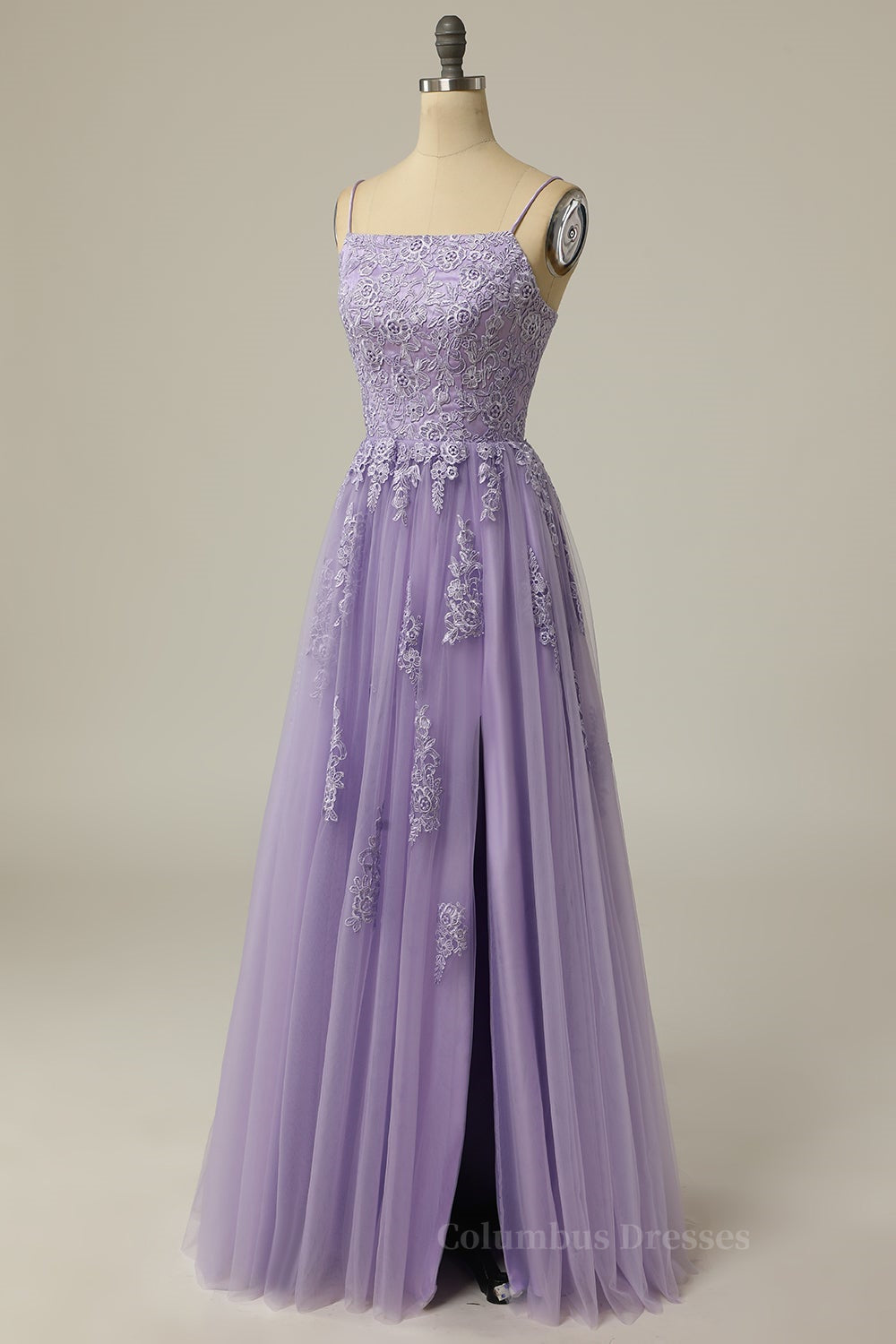 Straps Lavender Appliuqes A-line Long Formal Dress with Slit Secondary image