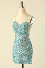 Prom Dress Stores, Straps Mint Green Sequin Tight Mini Dress