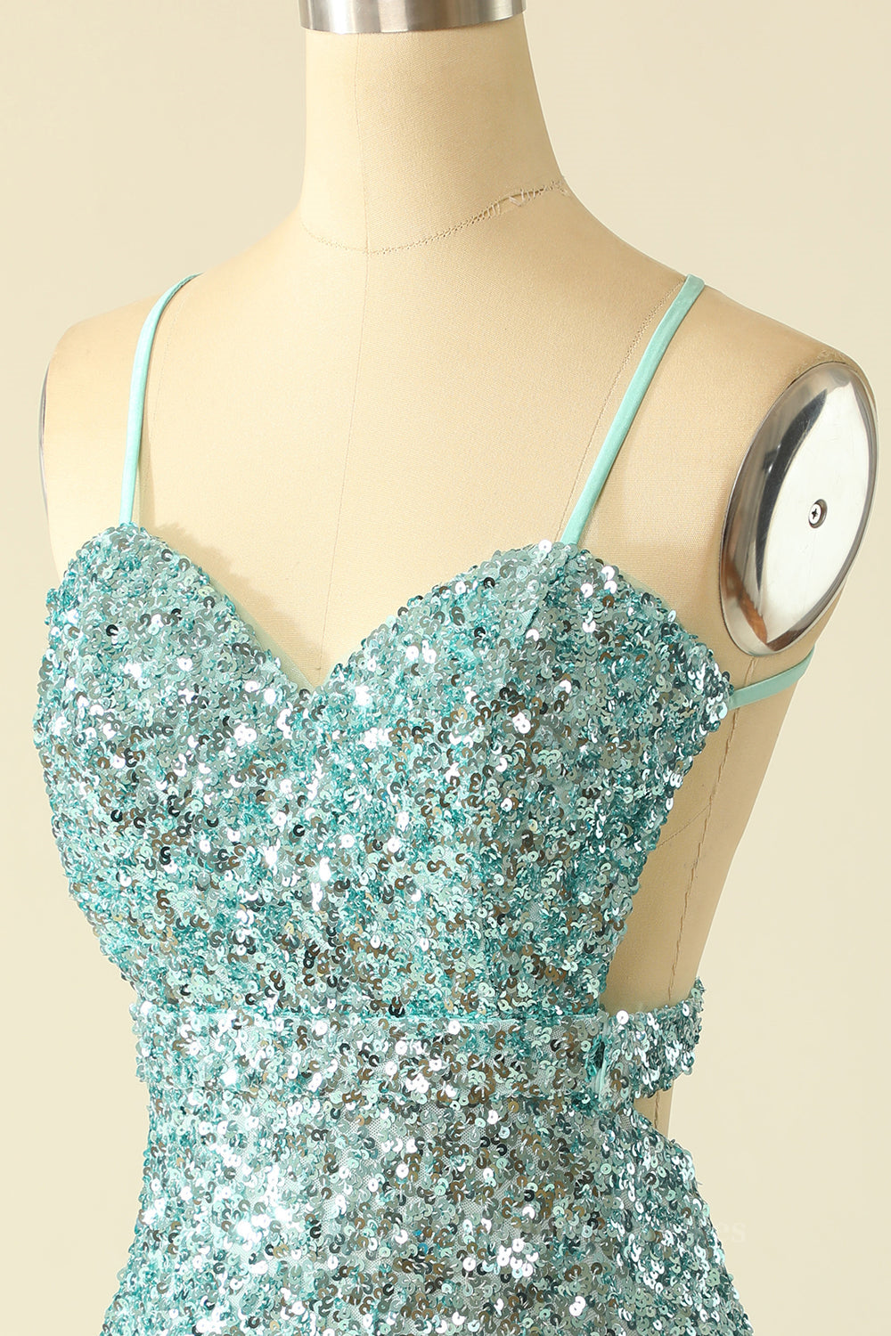 Prom Dresses Store, Straps Mint Green Sequin Tight Mini Dress