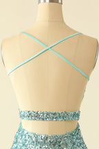 Prom Dresse Long, Straps Mint Green Sequin Tight Mini Dress