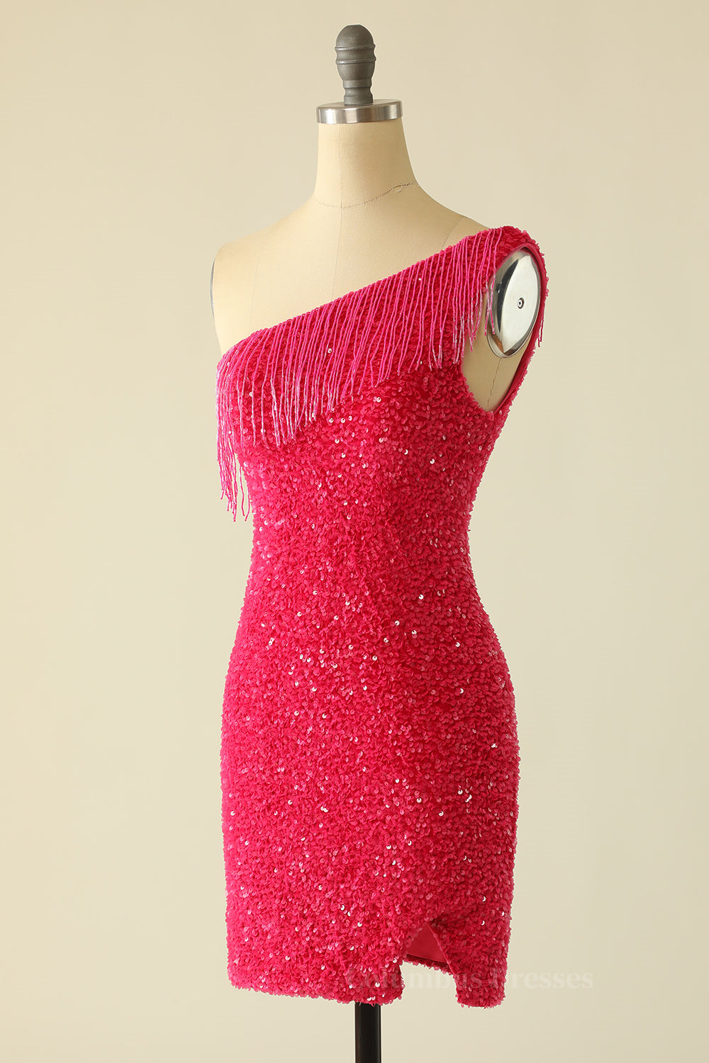 Tassels One Shoulder Hot Pink Sequin Mini Dress Secondary image