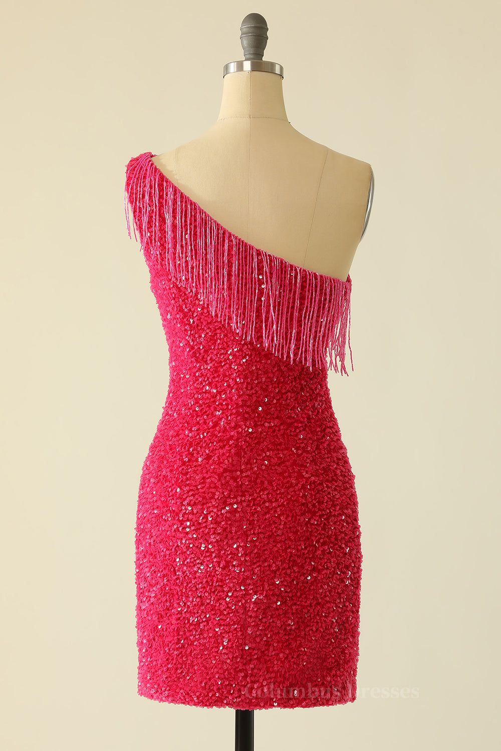 Prom Dresses Inspired, Tassels One Shoulder Hot Pink Sequin Mini Dress Main image