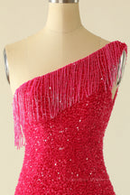Prom Dresses Inspiration, Tassels One Shoulder Hot Pink Sequin Mini Dress